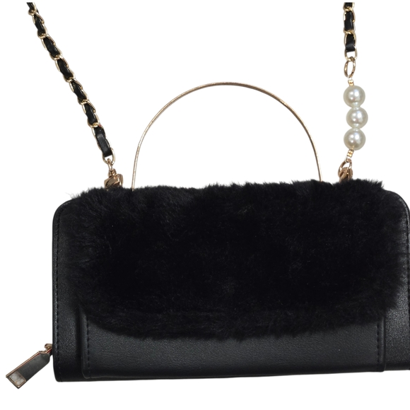 Elegant Black Faux Fur-Trimmed Crossbody Bag - Wallet Size Purse With New Strap - Picture 4 of 8